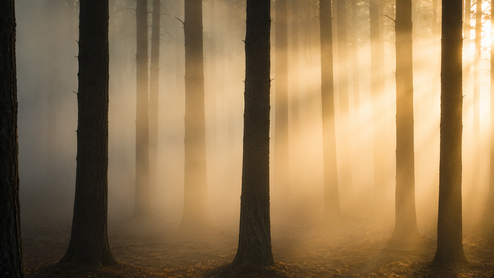 Golden light filtering through fog between tall tree trunks